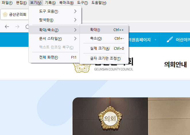 파이어폭스 : 상단 메뉴의 보기> 크기조정 메뉴에서 설정